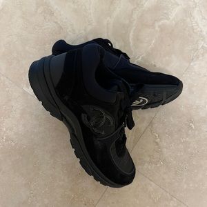 brand new chanel black suede satin sneakers